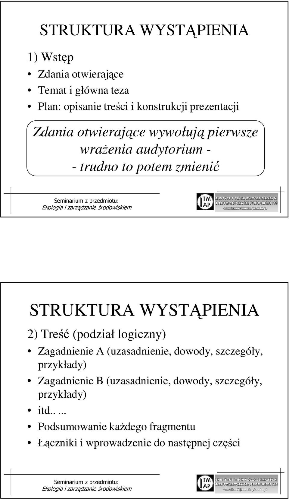 WYSTĄPIENIA 2) Treść (podział logiczny) Zagadnienie A (uzasadnienie, dowody, szczegóły, przykłady) Zagadnienie B