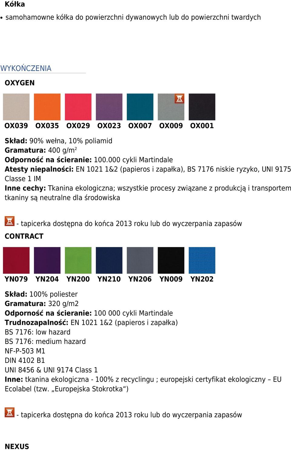 000 cykli Martindale Atesty niepalności: EN 1021 1&2 (papieros i zapałka), BS 7176 niskie ryzyko, UNI 9175 Classe 1 IM Inne cechy: Tkanina ekologiczna; wszystkie procesy związane z produkcją i
