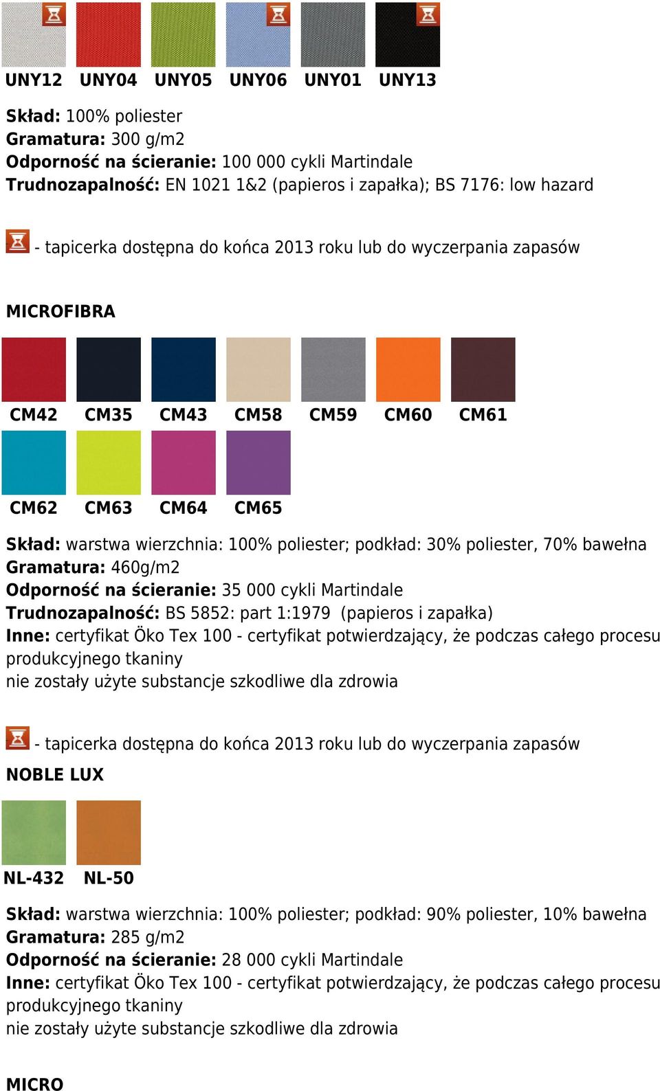Inne: certyfikat Öko Tex 100 - certyfikat potwierdzający, że podczas całego procesu produkcyjnego tkaniny nie zostały użyte substancje szkodliwe dla zdrowia NOBLE LUX NL-432 NL-50 Skład: warstwa
