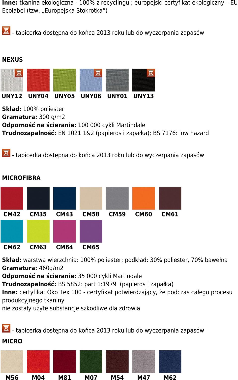 7176: low hazard MICROFIBRA CM42 CM35 CM43 CM58 CM62 CM63 CM64 CM65 CM59 CM60 CM61 Skład: warstwa wierzchnia: 100% poliester; podkład: 30% poliester, 70% bawełna Gramatura: 460g/m2 Odporność