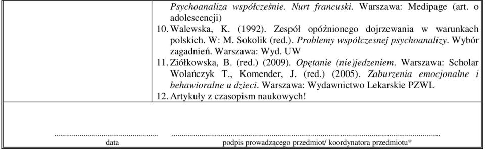 Warszawa: Wyd. UW 11. Ziółkowska, B. (red.) (2009). Opętanie (nie)jedzeniem. Warszawa: Scholar Wolańczyk T., Komender, J. (red.) (2005).