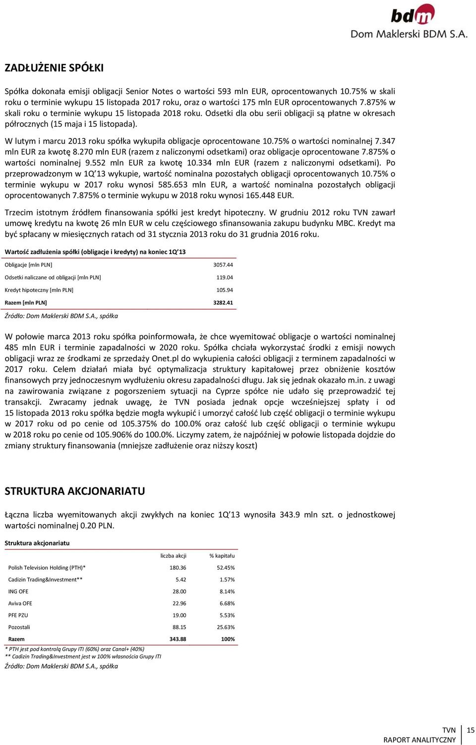 Odsetki dla obu serii obligacji są płatne w okresach półrocznych (15 maja i 15 listopada). W lutym i marcu 2013 roku spółka wykupiła obligacje oprocentowane 10.75% o wartości nominalnej 7.