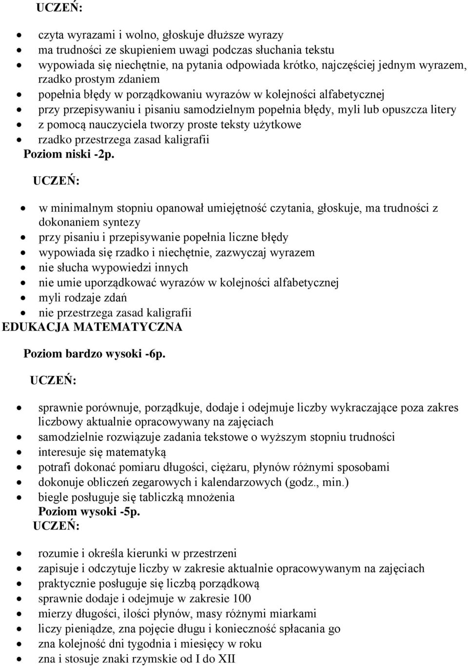 teksty użytkowe rzadko przestrzega zasad kaligrafii Poziom niski -2p.