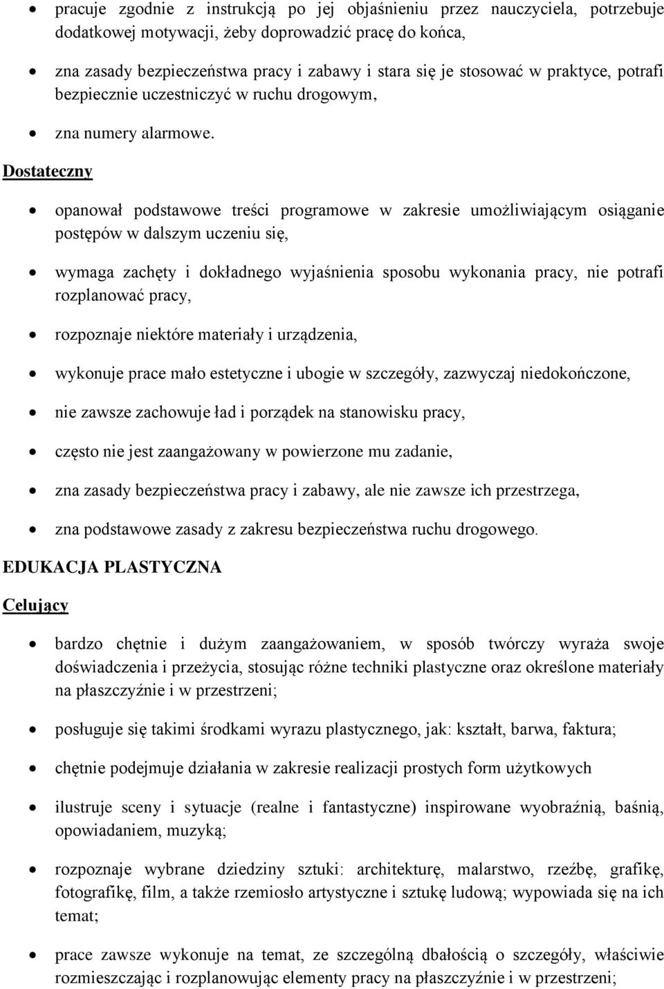 Dostateczny opanował podstawowe treści programowe w zakresie umożliwiającym osiąganie postępów w dalszym uczeniu się, wymaga zachęty i dokładnego wyjaśnienia sposobu wykonania pracy, nie potrafi