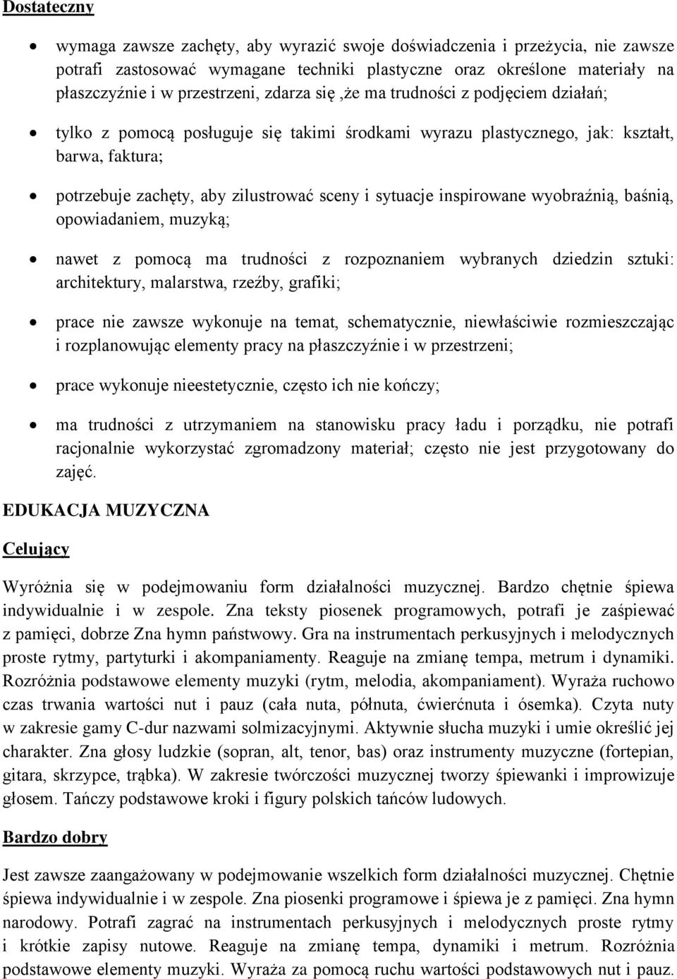 inspirowane wyobraźnią, baśnią, opowiadaniem, muzyką; nawet z pomocą ma trudności z rozpoznaniem wybranych dziedzin sztuki: architektury, malarstwa, rzeźby, grafiki; prace nie zawsze wykonuje na