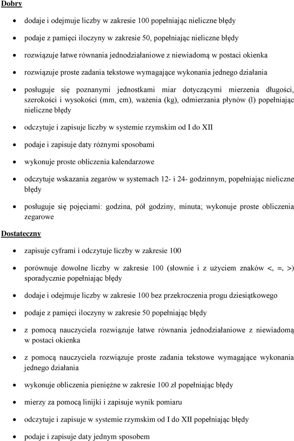 ważenia (kg), odmierzania płynów (l) popełniając nieliczne błędy odczytuje i zapisuje liczby w systemie rzymskim od I do XII podaje i zapisuje daty różnymi sposobami wykonuje proste obliczenia