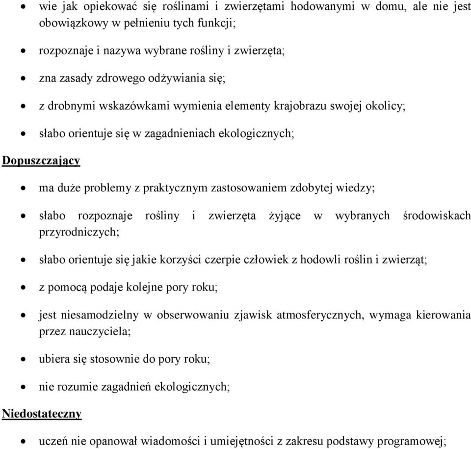 słabo rozpoznaje rośliny i zwierzęta żyjące w wybranych środowiskach przyrodniczych; słabo orientuje się jakie korzyści czerpie człowiek z hodowli roślin i zwierząt; z pomocą podaje kolejne pory