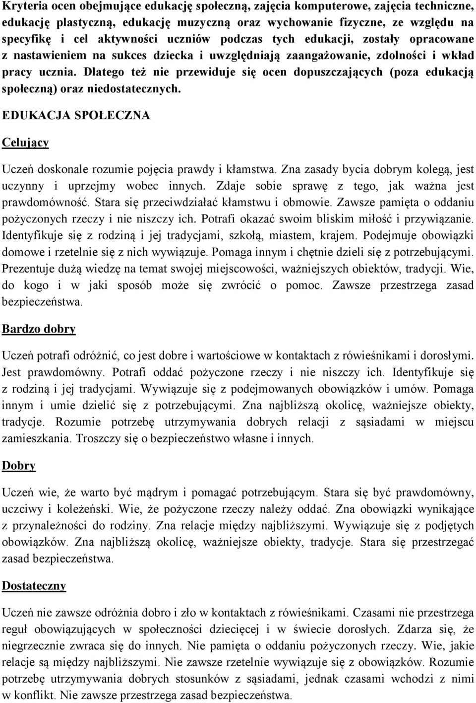 Dlatego też nie przewiduje się ocen dopuszczających (poza edukacją społeczną) oraz niedostatecznych. EDUKACJA SPOŁECZNA Uczeń doskonale rozumie pojęcia prawdy i kłamstwa.