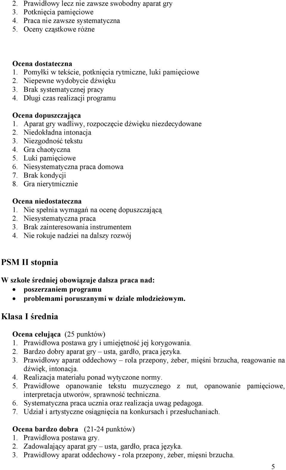 Gra chaotyczna 5. Luki pamięciowe 6. Niesystematyczna praca domowa 7. Brak kondycji 8. Gra nierytmicznie 1. Nie spełnia wymagań na ocenę dopuszczającą 2. Niesystematyczna praca 3.