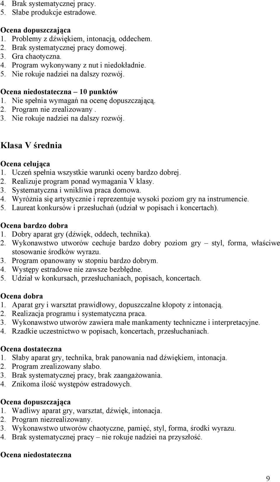 Nie rokuje nadziei na dalszy rozwój. Klasa V średnia 1. Uczeń spełnia wszystkie warunki oceny bardzo dobrej. 2. Realizuje program ponad wymagania V klasy. 3. Systematyczna i wnikliwa praca domowa. 4.