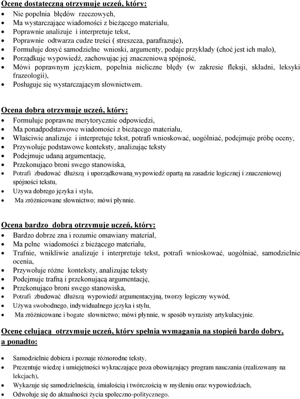 popełnia nieliczne błędy (w zakresie fleksji, składni, leksyki frazeologii), Posługuje się wystarczającym słownictwem.