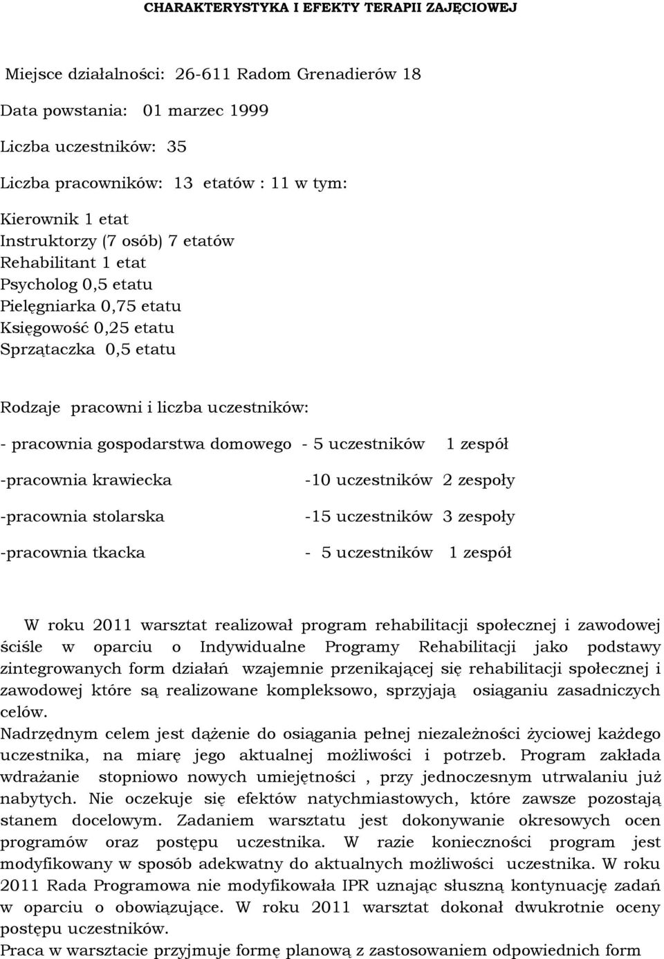 gospodarstwa domowego - 5 uczestników 1 zespół -pracownia krawiecka -10 uczestników 2 zespoły -pracownia stolarska -15 uczestników 3 zespoły -pracownia tkacka - 5 uczestników 1 zespół W roku 2011