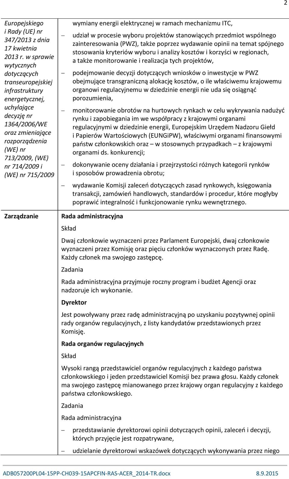 715/2009 Zarządzanie wymiany energii elektrycznej w ramach mechanizmu ITC, udział w procesie wyboru projektów stanowiących przedmiot wspólnego zainteresowania (PWZ), także poprzez wydawanie opinii na