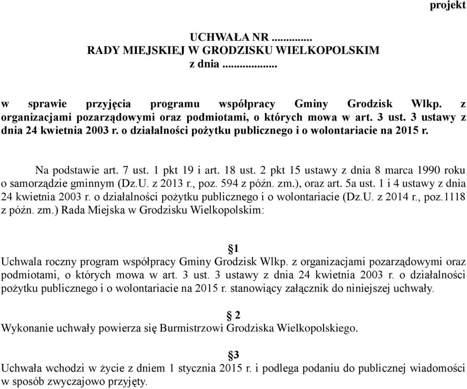 1 pkt 19 i art. 18 ust. 2 pkt 15 ustawy z dnia 8 marca 1990 roku o samorządzie gminnym (Dz.U. z 2013 r., poz. 594 z późn. zm.), oraz art. 5a ust. 1 i 4 ustawy z dnia 24 kwietnia 2003 r.