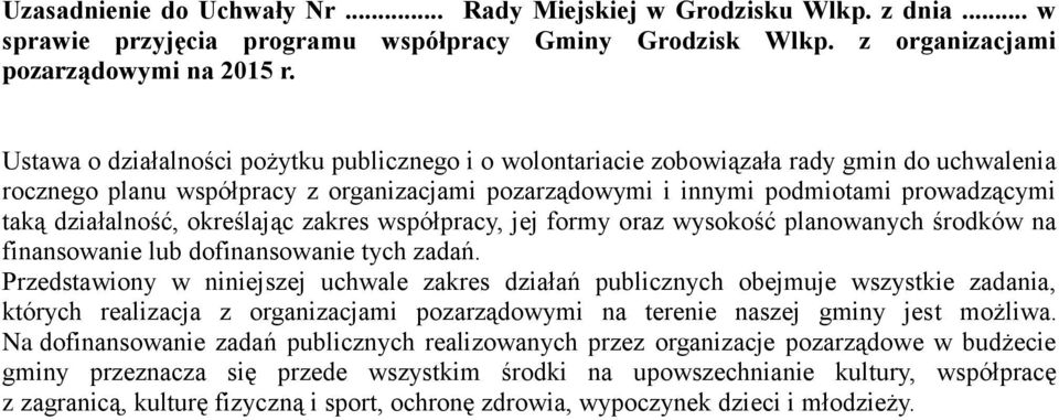 działalność, określając zakres współpracy, jej formy oraz wysokość planowanych środków na finansowanie lub dofinansowanie tych zadań.