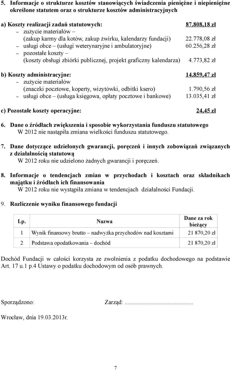 256,28 zł pozostałe koszty (koszty obsługi zbiórki publicznej, projekt graficzny kalendarza) 4.773,82 zł b) Koszty administracyjne: 14.