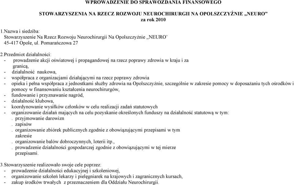 Przedmiot działalności: - prowadzenie akcji oświatowej i propagandowej na rzecz poprawy zdrowia w kraju i za granicą, - działalność naukowa, - współpraca z organizacjami działającymi na rzecz poprawy