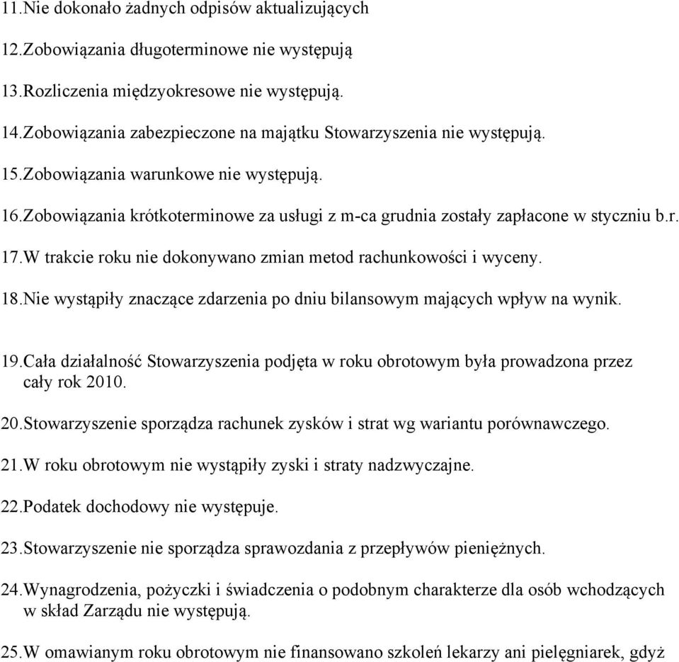 W trakcie roku nie dokonywano zmian metod rachunkowości i wyceny. 18.Nie wystąpiły znaczące zdarzenia po dniu bilansowym mających wpływ na wynik. 19.