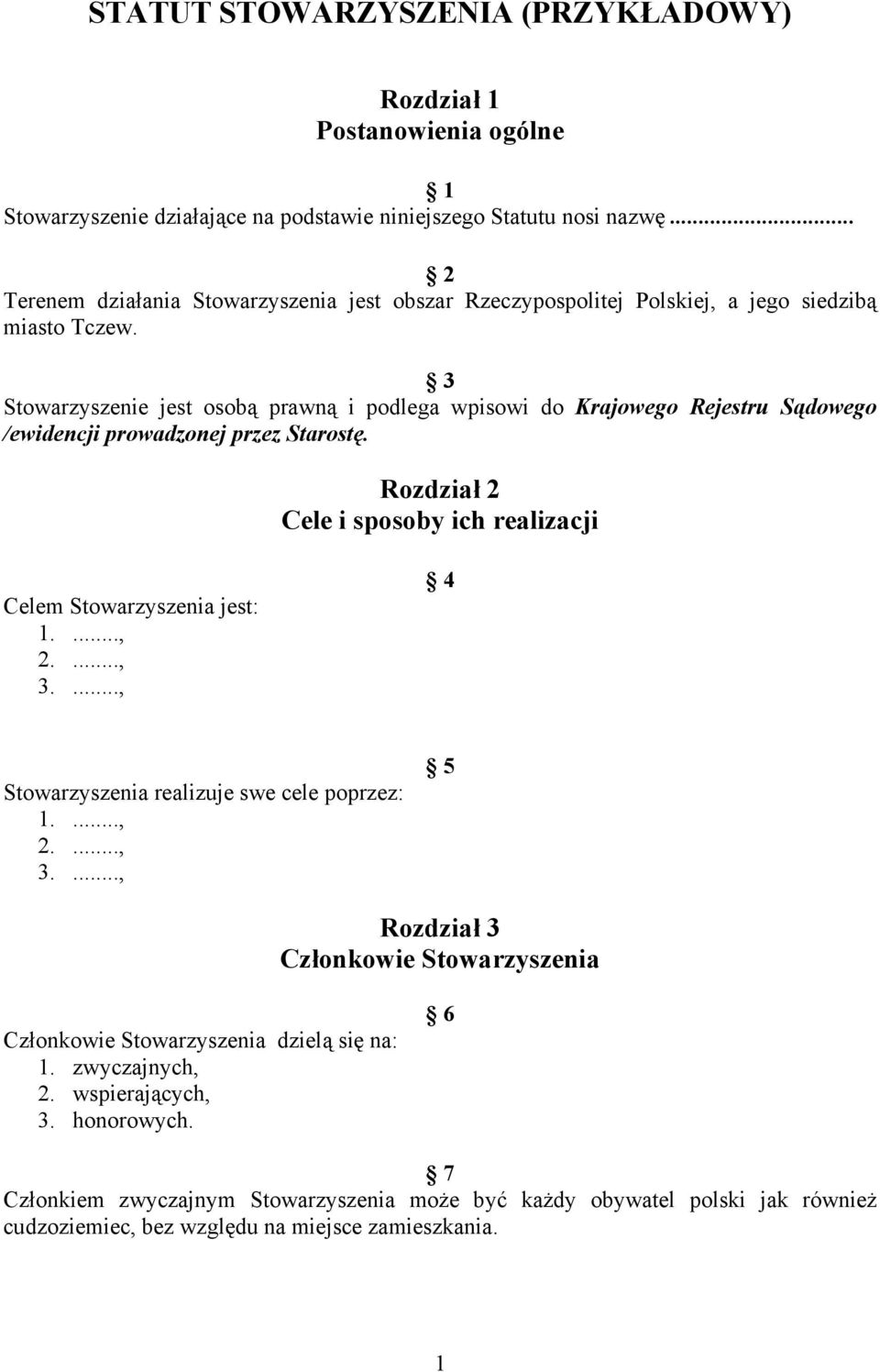 3 Stowarzyszenie jest osobą prawną i podlega wpisowi do Krajowego Rejestru Sądowego /ewidencji prowadzonej przez Starostę. Rozdział 2 Cele i sposoby ich realizacji Celem Stowarzyszenia jest: 1...., 2.