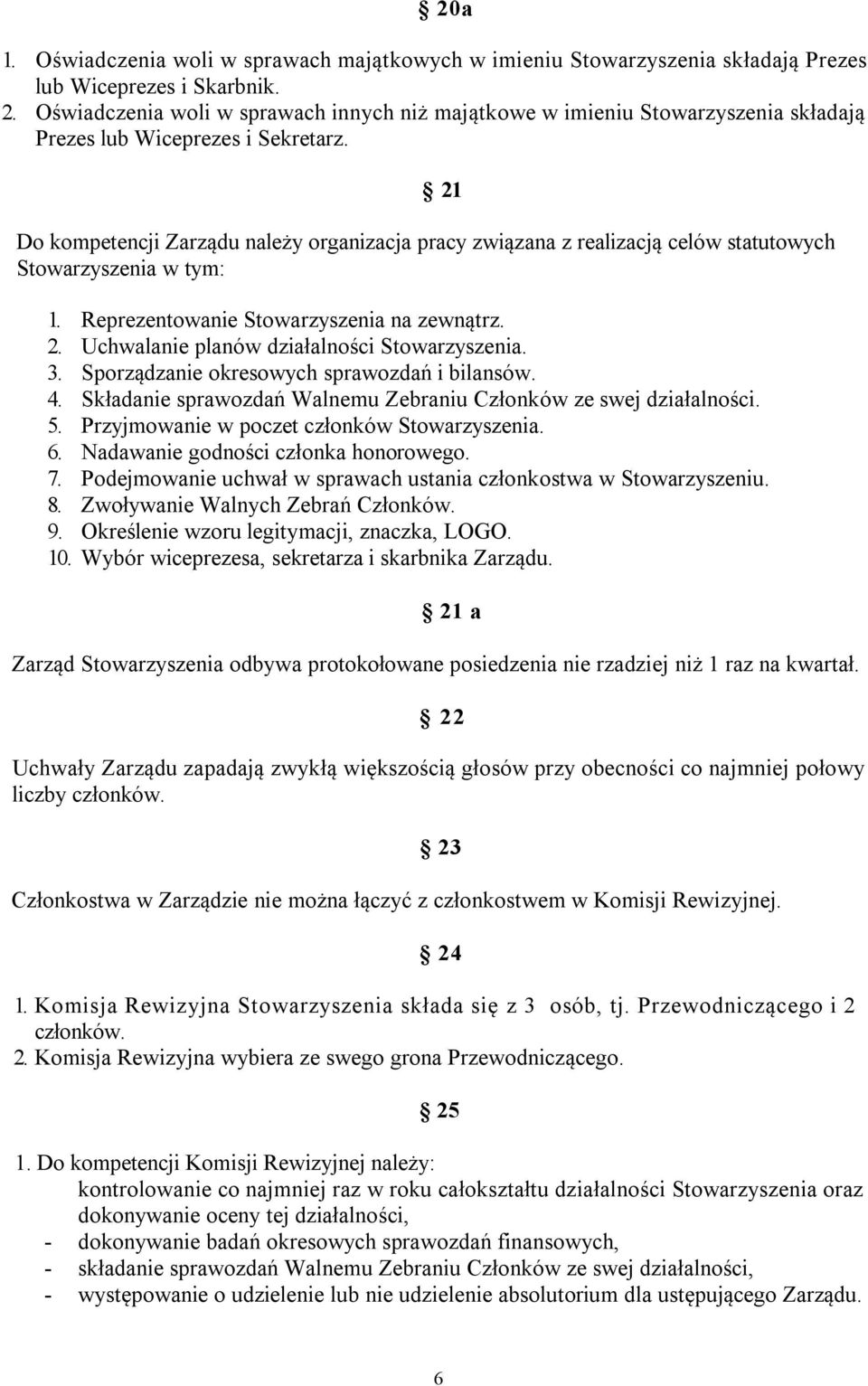 21 Do kompetencji Zarządu należy organizacja pracy związana z realizacją celów statutowych Stowarzyszenia w tym: 1. Reprezentowanie Stowarzyszenia na zewnątrz. 2.