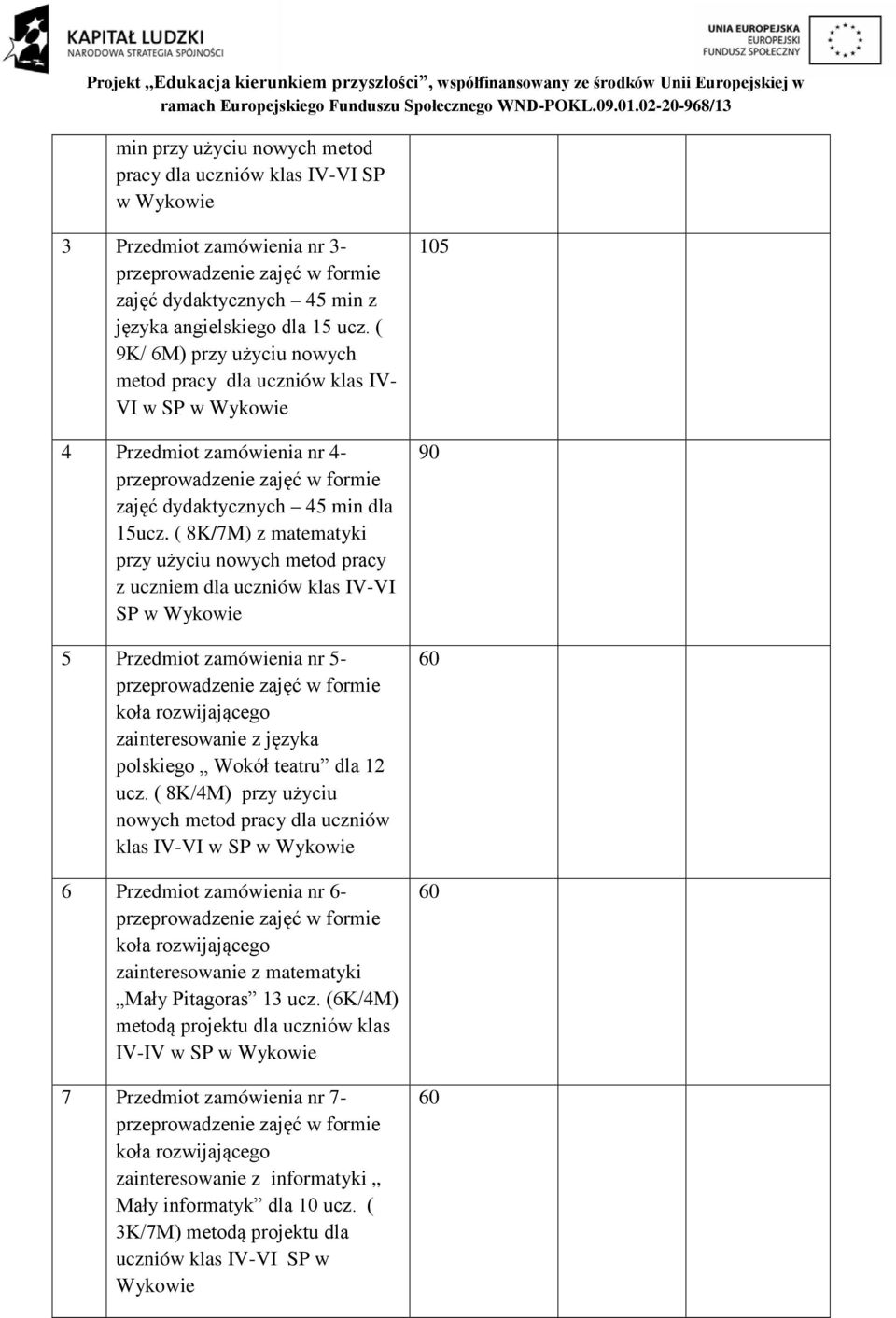 ( 8K/7M) z matematyki przy użyciu nowych metod pracy z uczniem dla uczniów klas IV-VI SP w Wykowie 5 Przedmiot zamówienia nr 5- przeprowadzenie zajęć w formie koła rozwijającego zainteresowanie z