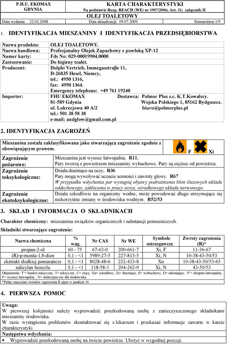 Producent: Dolphi Vertrieb, Immegasstraβe 11, D-26835 Hesel, Niemcy, tel.: 4950 1316, fax: 4950 1364. Emergency telephone: +49 761 19240 Importer: FHU EKOMAX Dostawca: Polmor Plus s.c. K.T.Kowalscy.