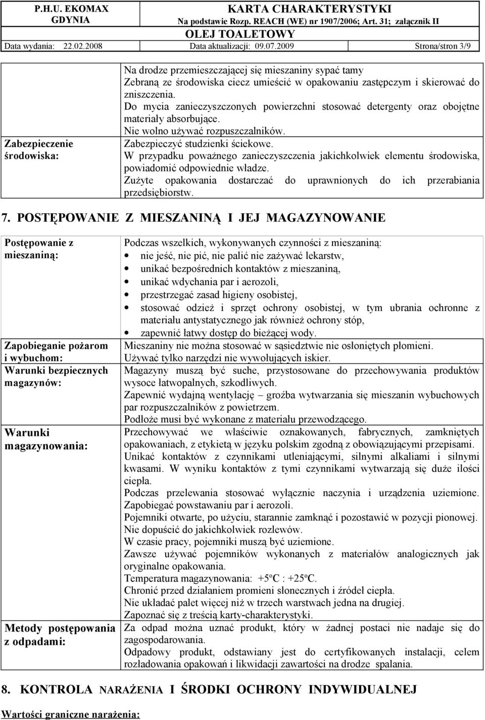 Do mycia zanieczyszczonych powierzchni stosować detergenty oraz obojętne materiały absorbujące. Nie wolno używać rozpuszczalników. Zabezpieczyć studzienki ściekowe.