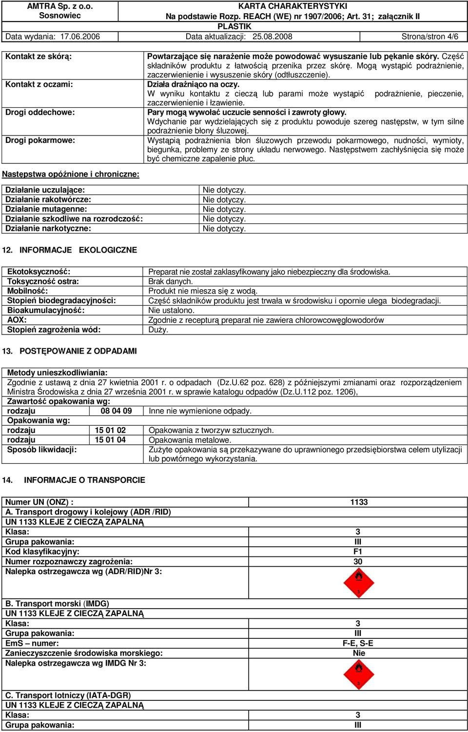 Działanie szkodliwe na rozrodczość: Działanie narkotyczne: 12. INFORMACJE EKOLOGICZNE Powtarzające się naraŝenie moŝe powodować wysuszanie lub pękanie skóry.
