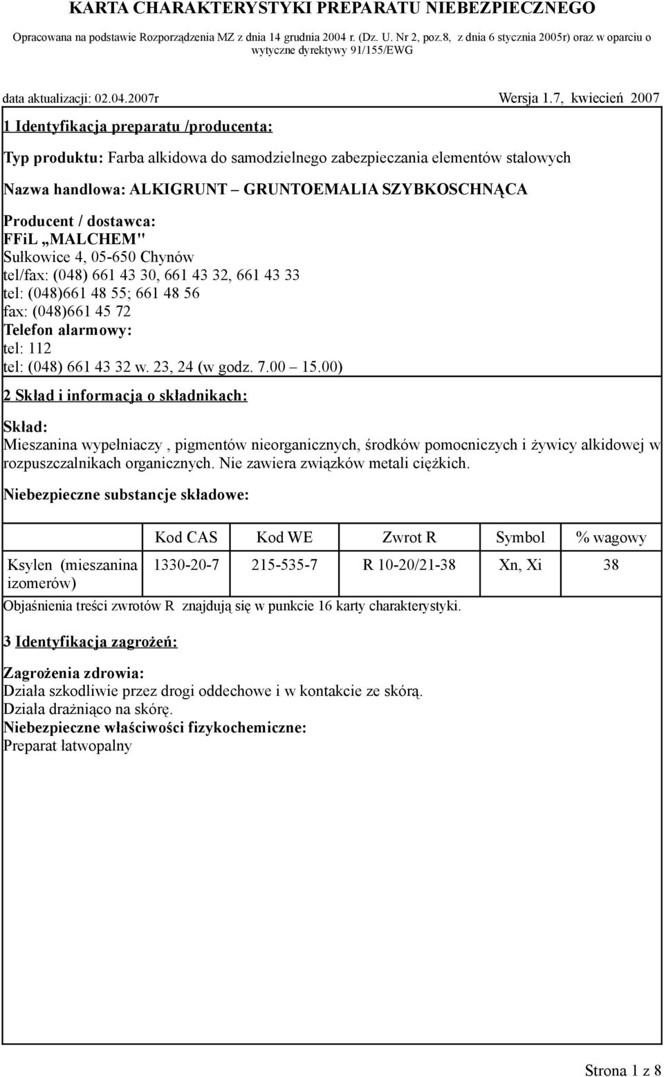 00) 2 Skład i informacja o składnikach: Skład: Mieszanina wypełniaczy, pigmentów nieorganicznych, środków pomocniczych i żywicy alkidowej w rozpuszczalnikach organicznych.