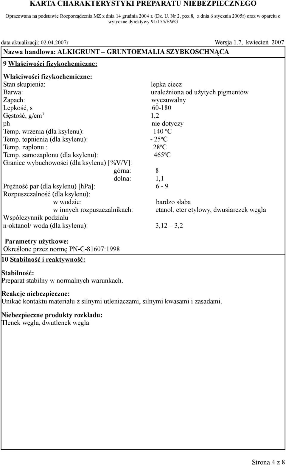 samozapłonu (dla ksylenu): 465 o C Granice wybuchowości (dla ksylenu) [%V/V]: górna: 8 dolna: 1,1 Prężność par (dla ksylenu) [hpa]: 6-9 Rozpuszczalność (dla ksylenu): w wodzie: bardzo słaba w innych