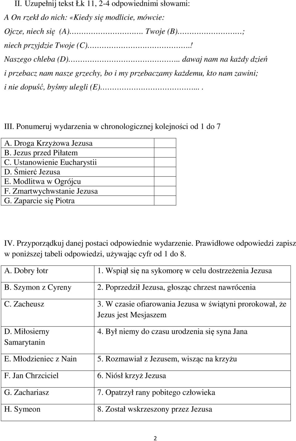 Ponumeruj wydarzenia w chronologicznej kolejności od 1 do 7 A. Droga Krzyżowa Jezusa B. Jezus przed Piłatem C. Ustanowienie Eucharystii D. Śmierć Jezusa E. Modlitwa w Ogrójcu F.