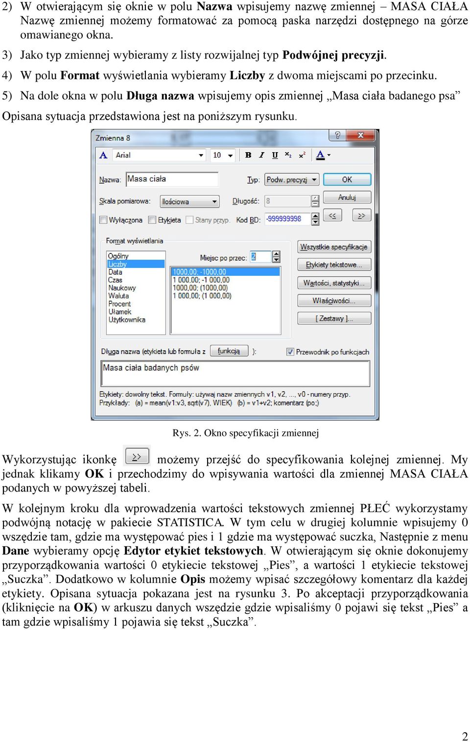 5) Na dole okna w polu Długa nazwa wpisujemy opis zmiennej Masa ciała badanego psa Opisana sytuacja przedstawiona jest na poniższym rysunku. Rys. 2.