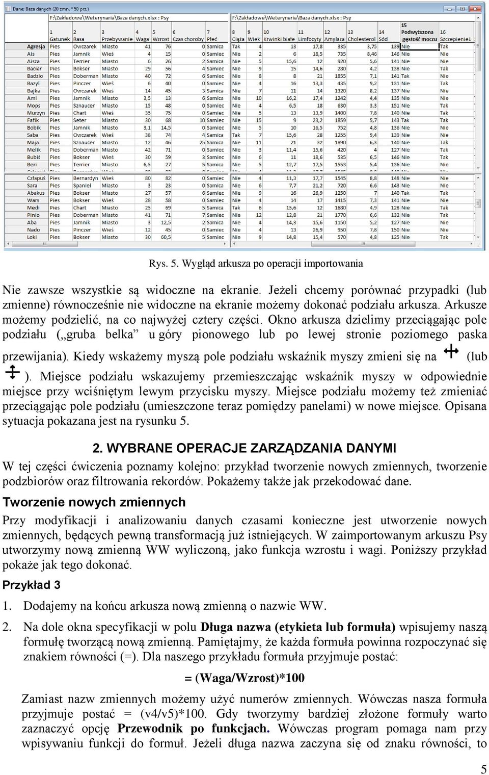 Okno arkusza dzielimy przeciągając pole podziału ( gruba belka u góry pionowego lub po lewej stronie poziomego paska przewijania). Kiedy wskażemy myszą pole podziału wskaźnik myszy zmieni się na ).