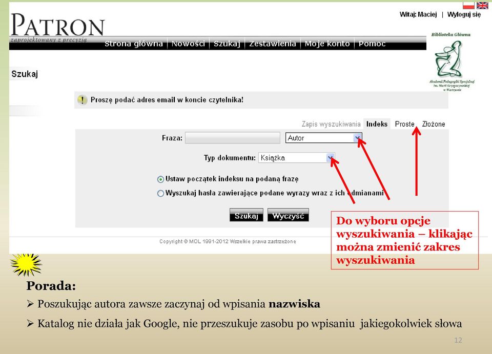 zmienić zakres wyszukiwania Katalog nie działa jak