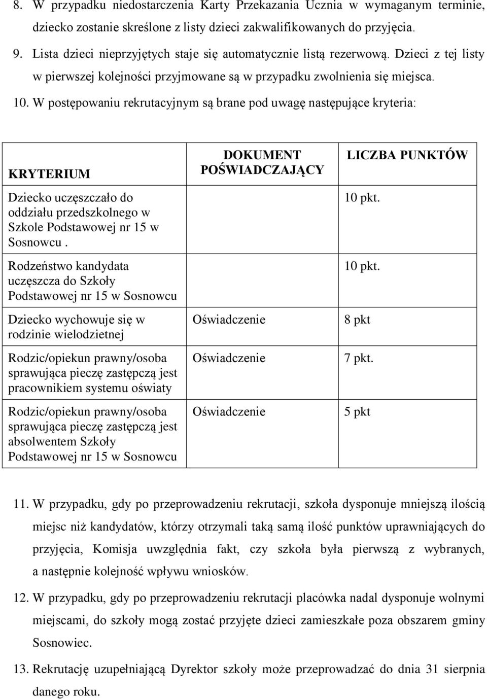 W postępowaniu rekrutacyjnym są brane pod uwagę następujące kryteria: KRYTERIUM Dziecko uczęszczało do oddziału przedszkolnego w Szkole Podstawowej nr 15 w Sosnowcu.