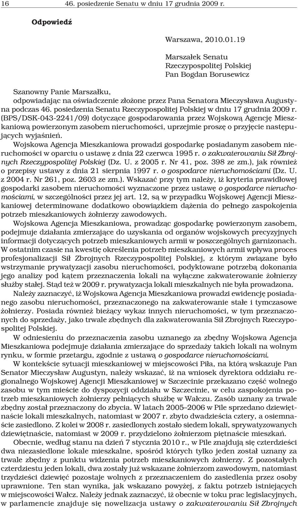 posiedzenia Senatu Rzeczypospolitej Polskiej w dniu 17 grudnia 2009 r.
