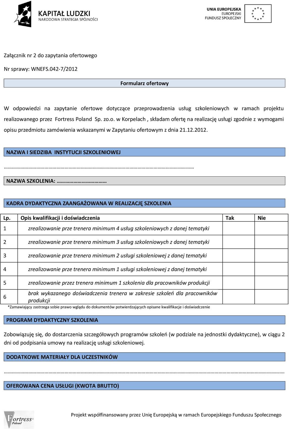 12.2012. NAZWA I SIEDZIBA INSTYTUCJI SZKOLENIOWEJ NAZWA SZKOLENIA: KADRA DYDAKTYCZNA ZAANGAŻOWANA W REALIZACJĘ SZKOLENIA Lp.