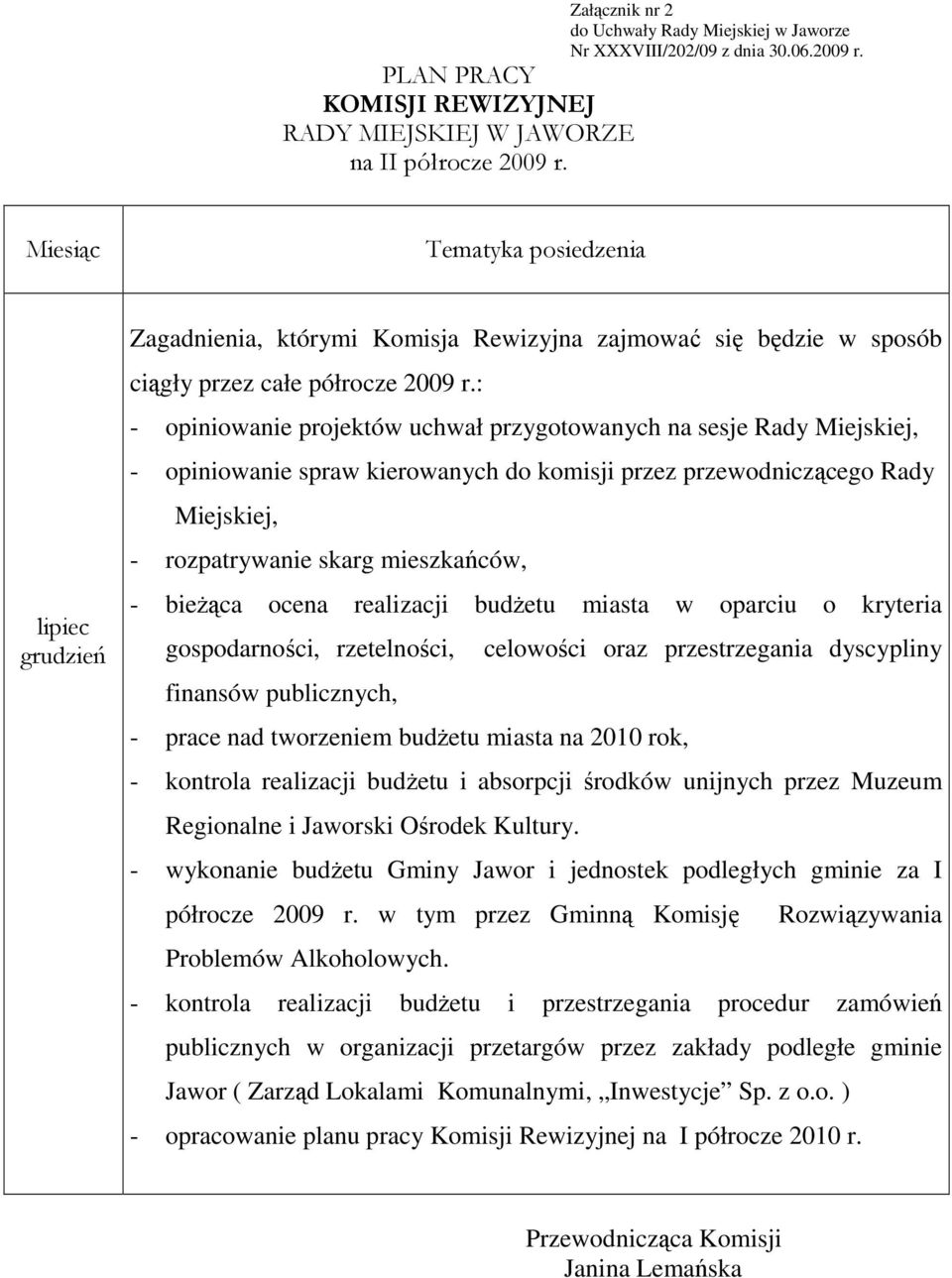 ocena realizacji budŝetu miasta w oparciu o kryteria gospodarności, rzetelności, celowości oraz przestrzegania dyscypliny finansów publicznych, - prace nad tworzeniem budŝetu miasta na 2010 rok, -