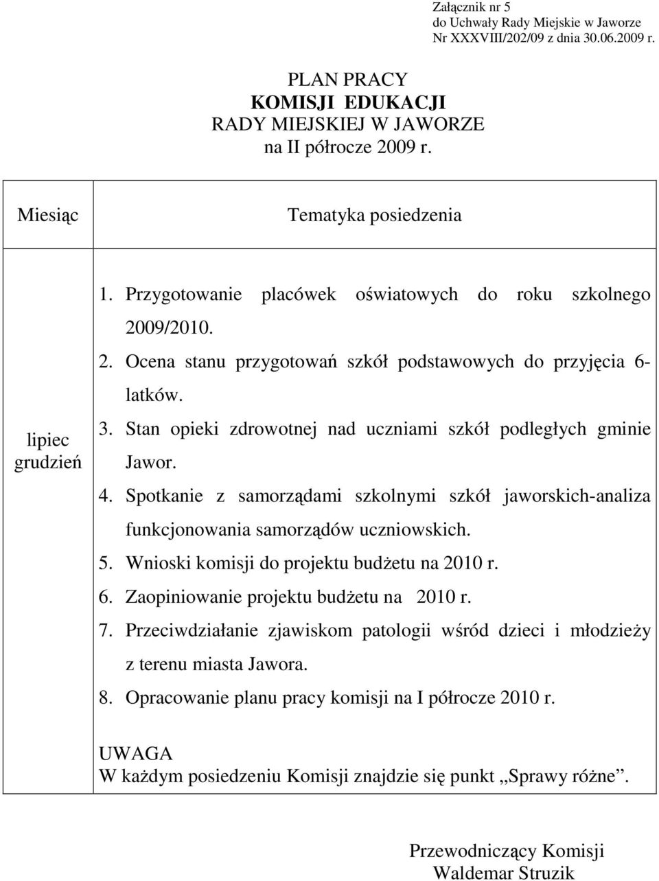 Spotkanie z samorządami szkolnymi szkół jaworskich-analiza funkcjonowania samorządów uczniowskich. 5. Wnioski komisji do projektu budŝetu na 2010 r. 6.