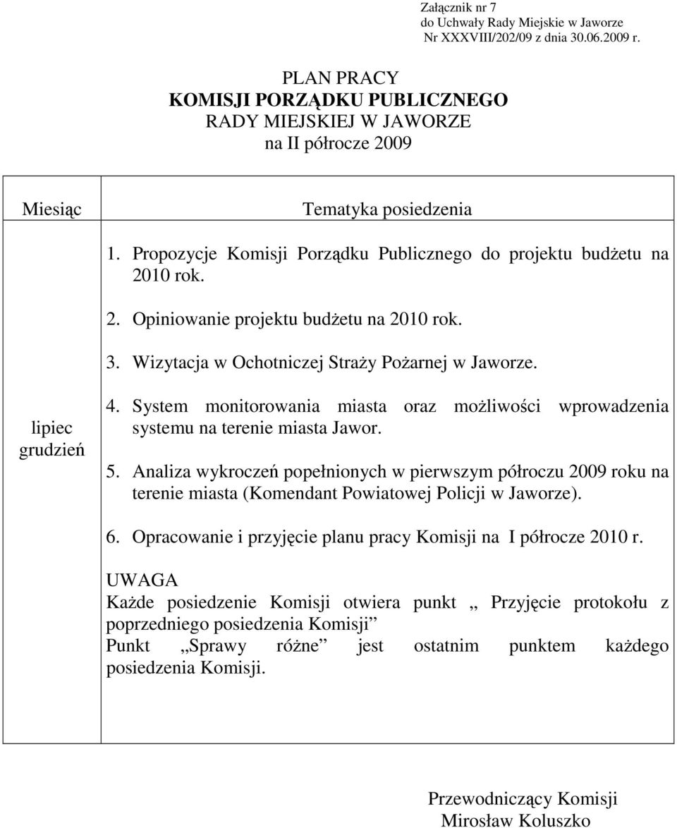 Analiza wykroczeń popełnionych w pierwszym półroczu 2009 roku na terenie miasta (Komendant Powiatowej Policji w Jaworze). 6. Opracowanie i przyjęcie planu pracy Komisji na I półrocze 2010 r.