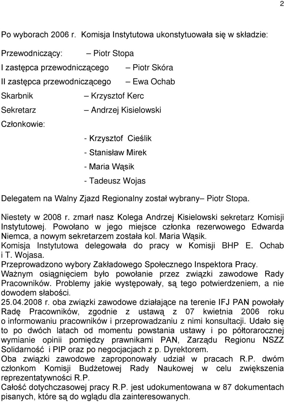 Ochab Andrzej Kisielowski - Krzysztof Cieślik - Stanisław Mirek - Maria Wąsik - Tadeusz Wojas Delegatem na Walny Zjazd Regionalny został wybrany Piotr Stopa. Niestety w 2008 r.
