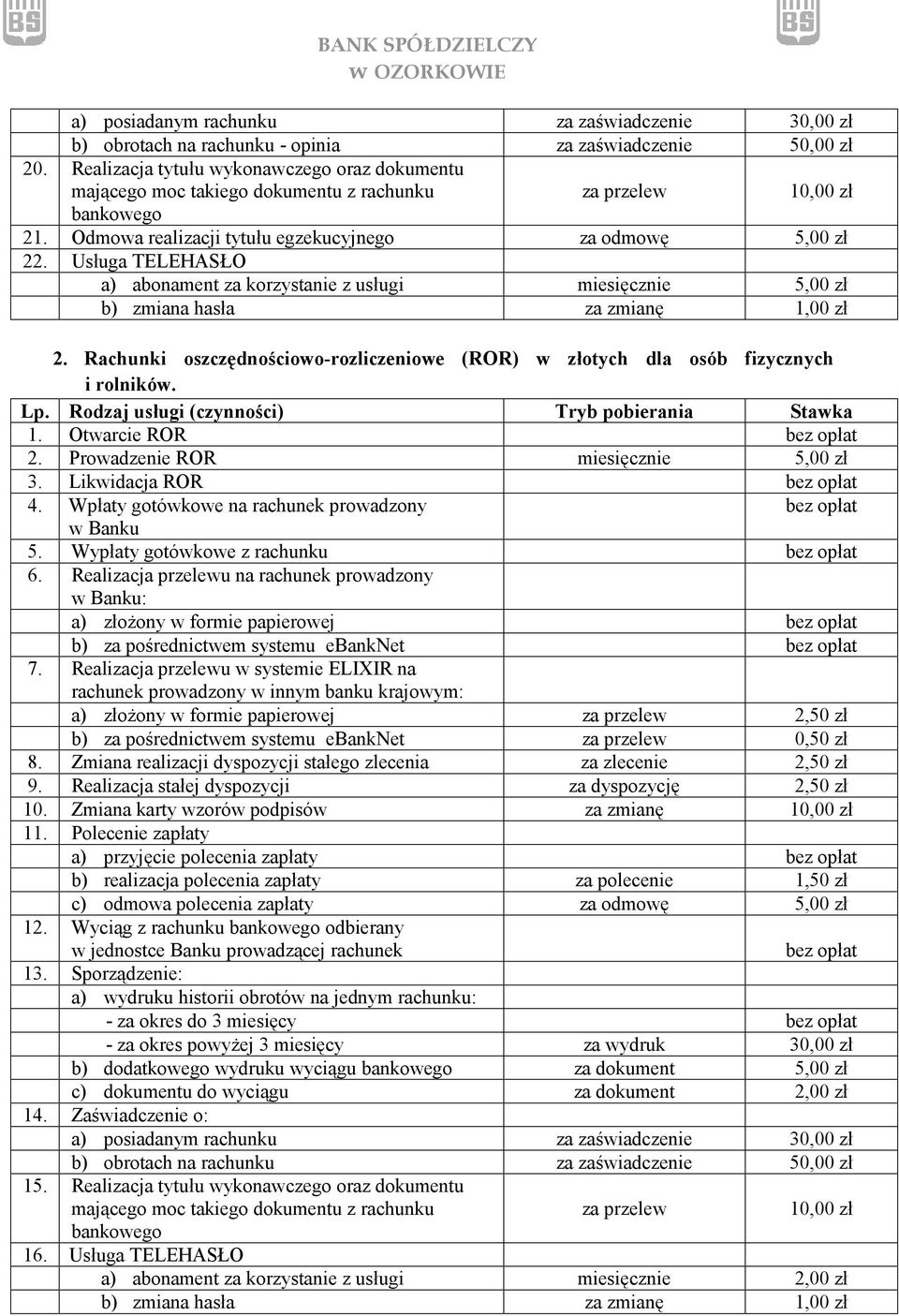 Usługa TELEHASŁO a) abonament za korzystanie z usługi miesięcznie 5,00 zł b) zmiana hasła za zmianę 1,00 zł 2. Rachunki oszczędnościowo-rozliczeniowe (ROR) w złotych dla osób fizycznych i rolników. 1. Otwarcie ROR 2.