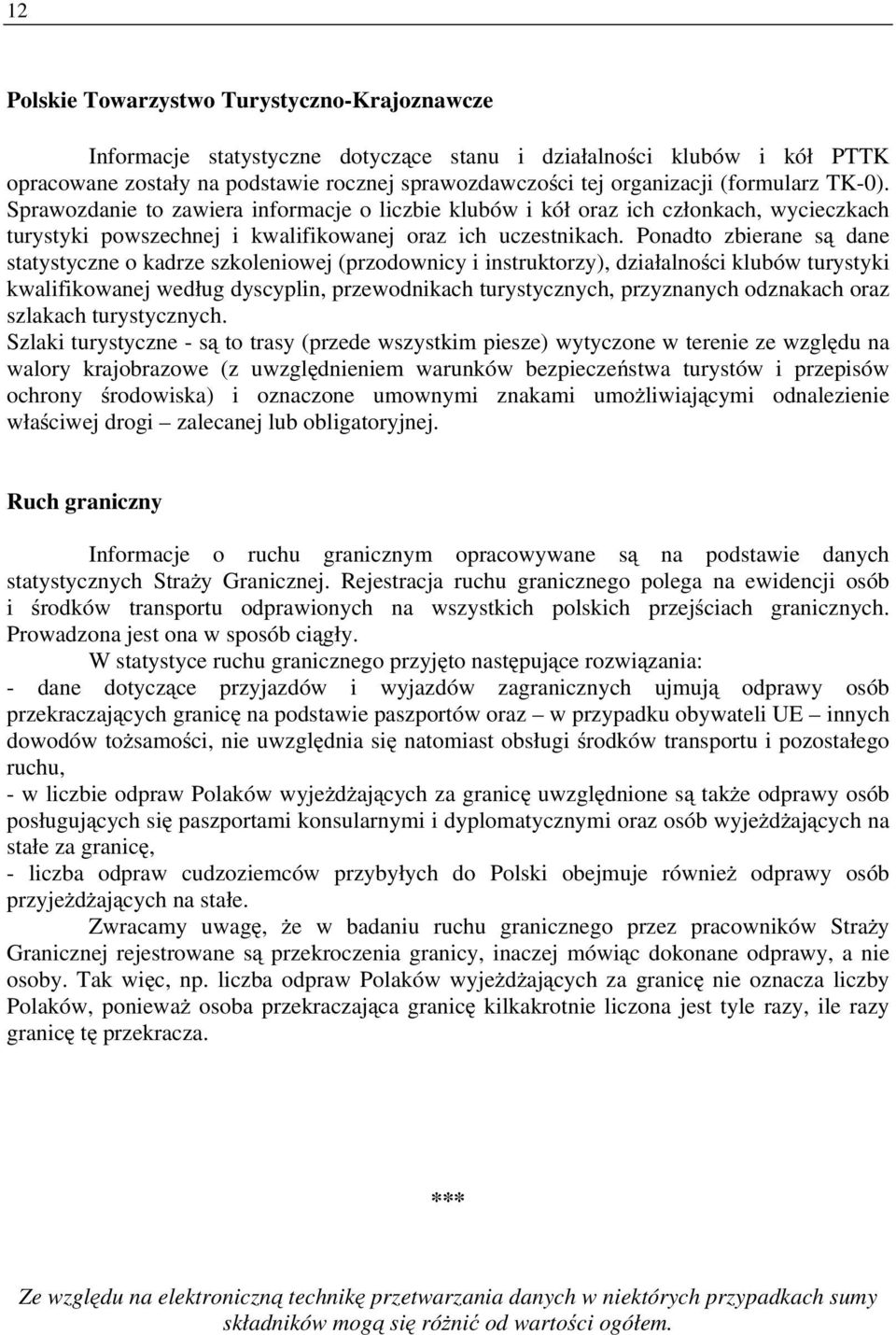 Ponadto zbierane są dane statystyczne o kadrze szkoleniowej (przodownicy i instruktorzy), działalności klubów turystyki kwalifikowanej według dyscyplin, przewodnikach turystycznych, przyznanych
