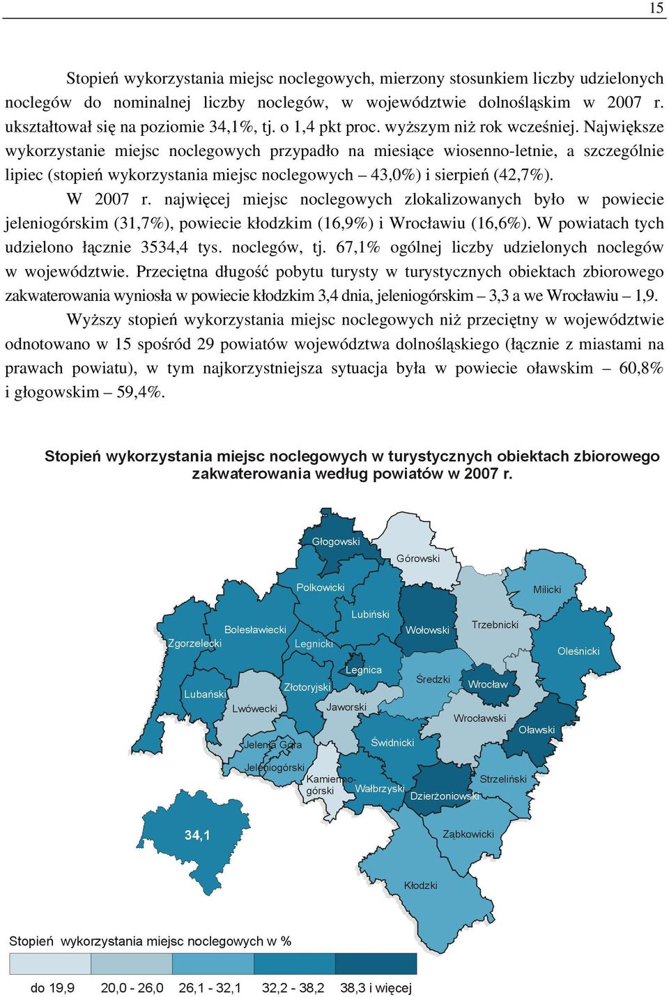Największe wykorzystanie miejsc noclegowych przypadło na miesiące wiosenno-letnie, a szczególnie lipiec (stopień wykorzystania miejsc noclegowych 43,0%) i sierpień (42,7%). W 2007 r.