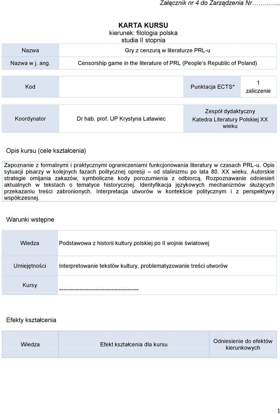 Koordynator Dr hab. prof.