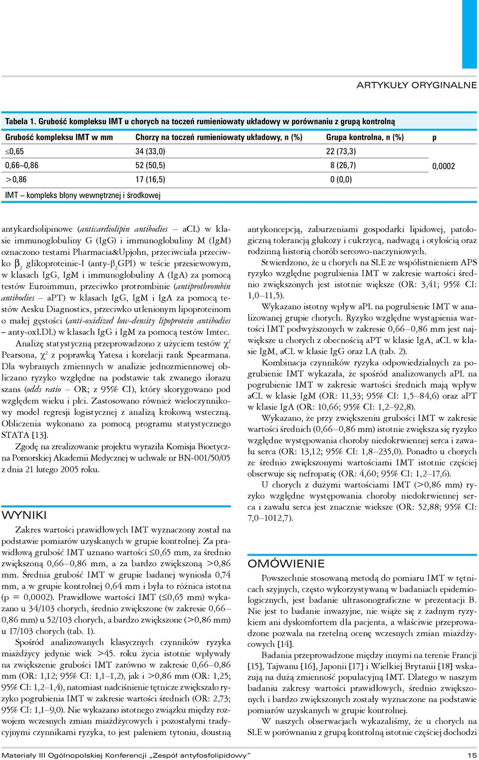 34 (33,0) 22 (73,3) 0,66 0,86 52 (50,5) 8 (26,7) 0,0002 >0,86 17 (16,5) 0 (0,0) IMT kompleks błony wewnętrznej i środkowej antykardiolipinowe (anticardiolipin antibodies acl) w klasie immunoglobuliny