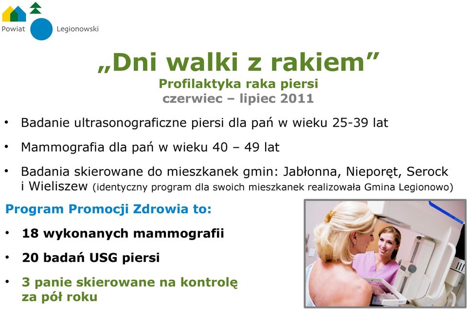 Nieporęt, Serock i Wieliszew (identyczny program dla swoich mieszkanek realizowała Gmina Legionowo) Program