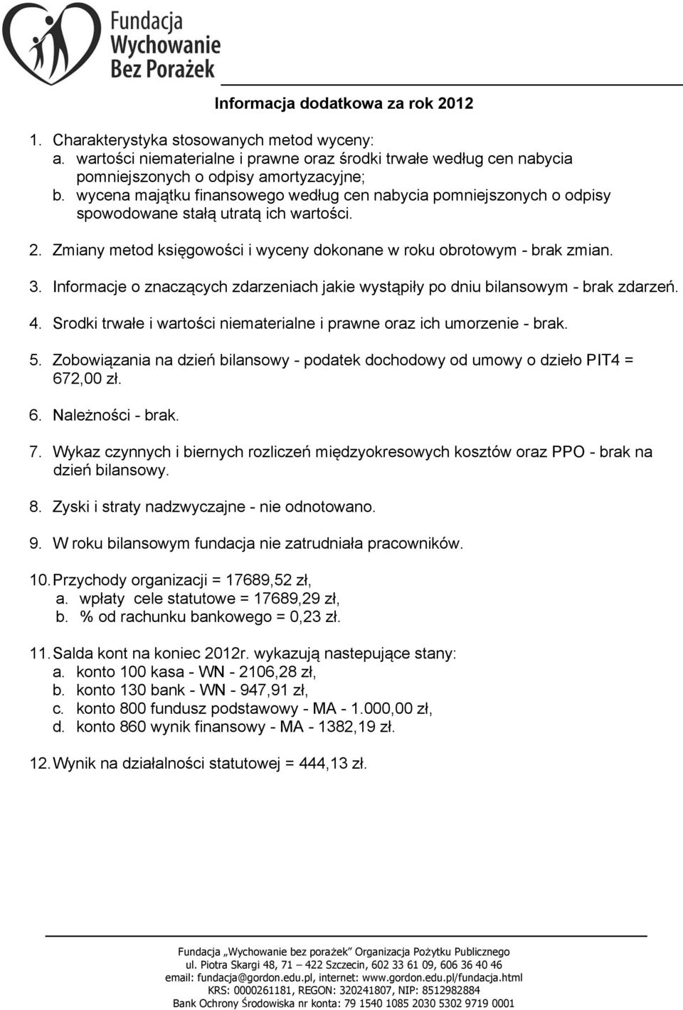 Informacje o znaczących zdarzeniach jakie wystąpiły po dniu bilansowym - brak zdarzeń. 4. Srodki trwałe i wartości niematerialne i prawne oraz ich umorzenie - brak. 5.