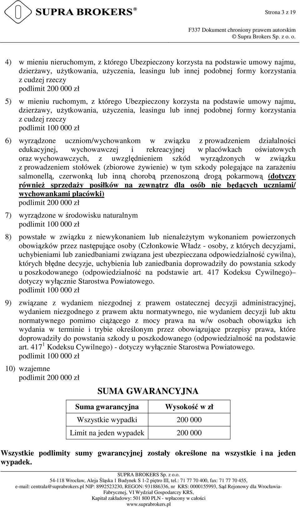 podlimit 100 000 zł 6) wyrządzone uczniom/wychowankom w związku z prowadzeniem działalności edukacyjnej, wychowawczej i rekreacyjnej w placówkach oświatowych oraz wychowawczych, z uwzględnieniem