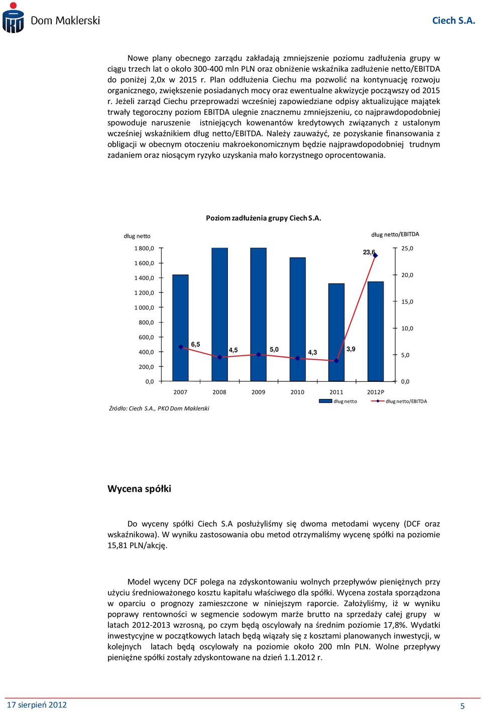 Jeżeli zarząd Ciechu przeprowadzi wcześniej zapowiedziane odpisy aktualizujące ątek trwały tegoroczny poziom EBITDA ulegnie znacznemu zmniejszeniu, co najprawdopodobniej spowoduje naruszenie